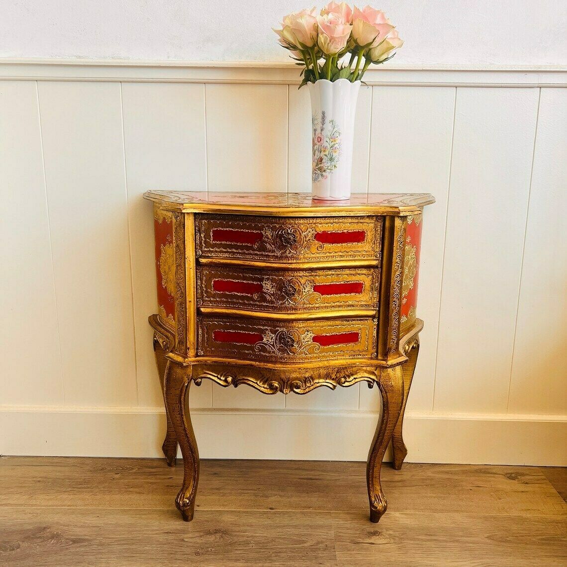 Vintage Florentine Italian Furniture  Red And Gold 3 Drawers Cabinet  Gilded Wood 1960s  Hollywood Regency  Mid Century photo furniture