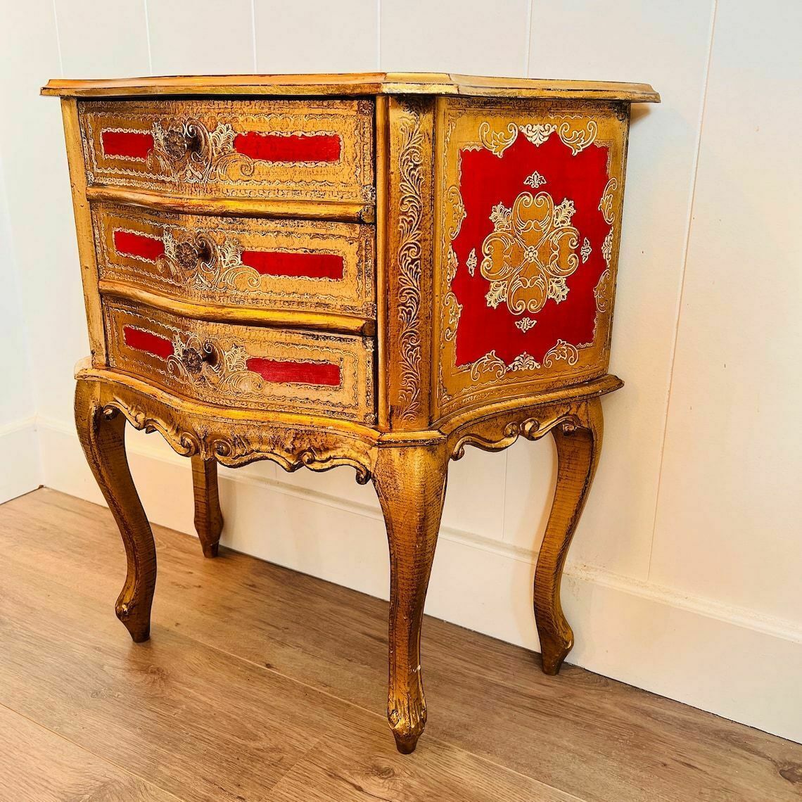 Vintage Florentine Italian Furniture  Red And Gold 3 Drawers Cabinet  Gilded Wood 1960s  Hollywood Regency  Mid Century photo Furniture
