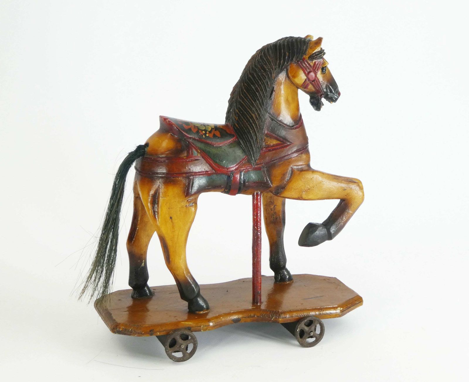 Small Antique Wooden Toy Rocking Horse With Glass Eyes, Old Animal Toy On Wheels With Leather Saddle, Horse Figurine Art Object