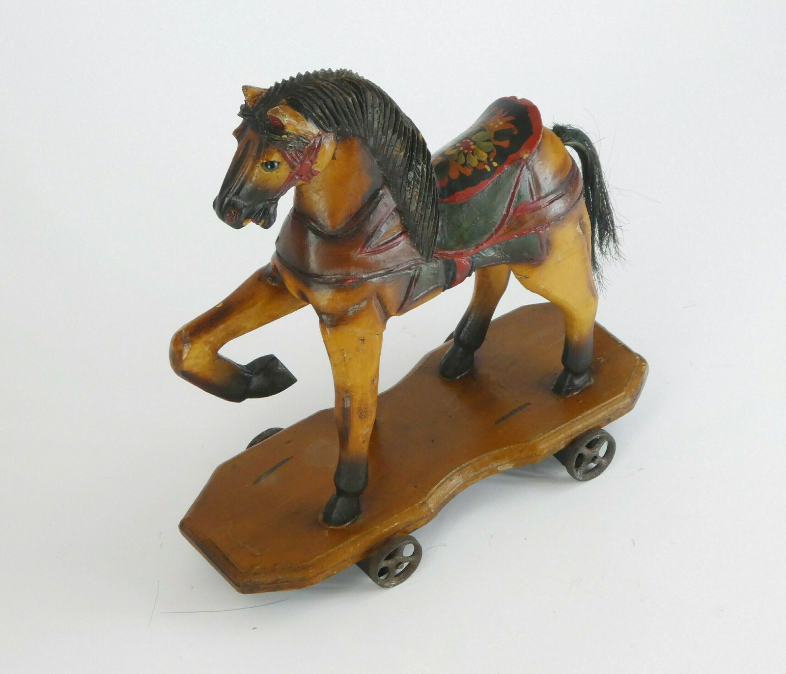 Small Antique Wooden Toy Rocking Horse With Glass Eyes, Old Animal Toy On Wheels With Leather Saddle, Horse Figurine Art Object photo vinterior