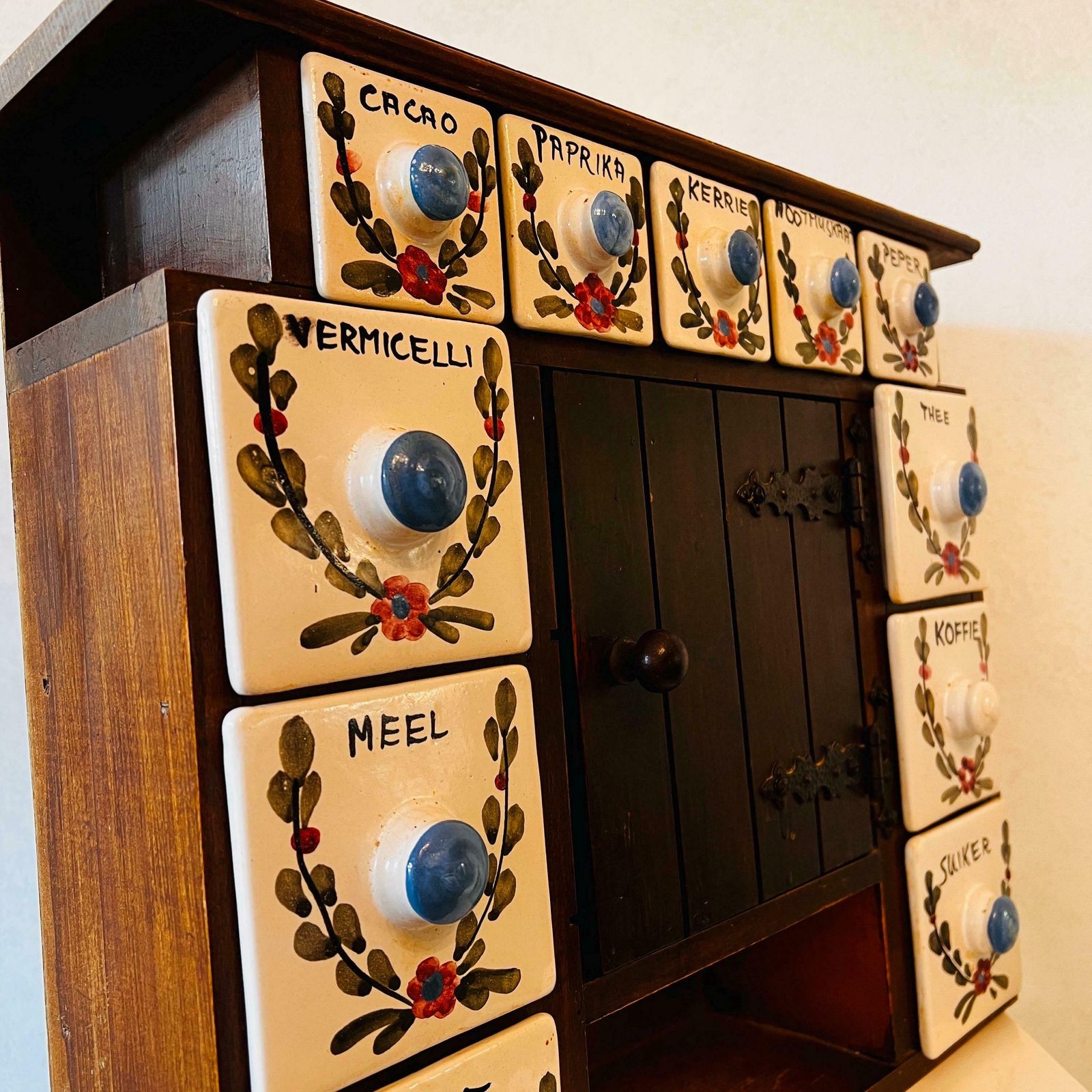 Antique Dutch Wooden Spices Cabinet Blue Ceramic Drawers 1930s Farmers Wall Cabinet Kitchen Country Style Art Deco photo vinterior