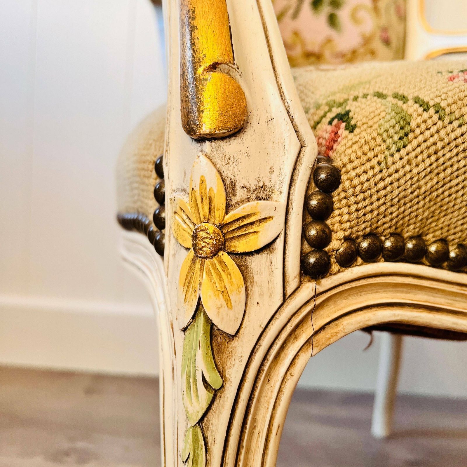 Antique French Louis XV Style Armchair. Circa 1920. Gold Details Tapestry Chair photo buy