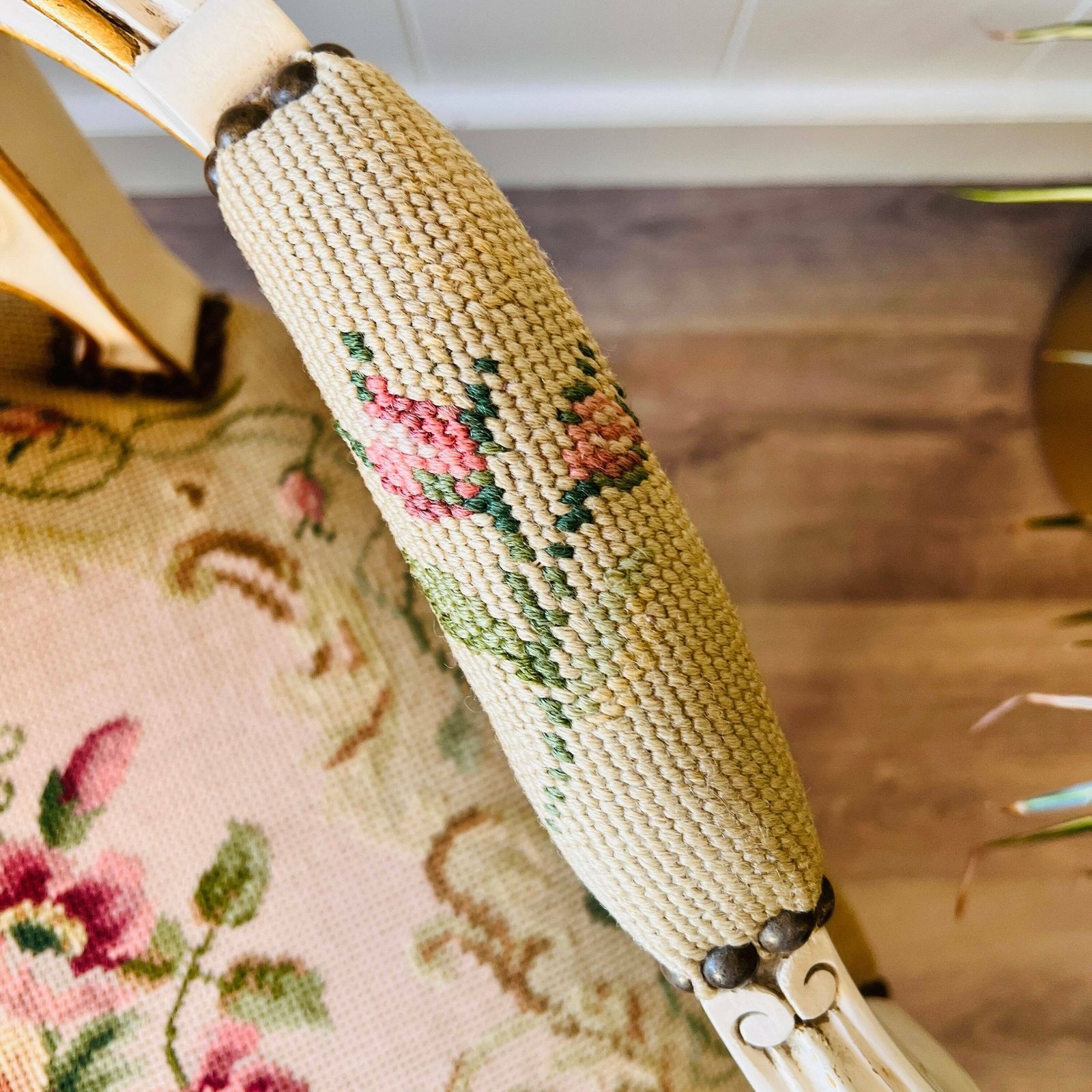 Antique French Louis XV Style Armchair. Circa 1920. Gold Details Tapestry Chair photo vintage