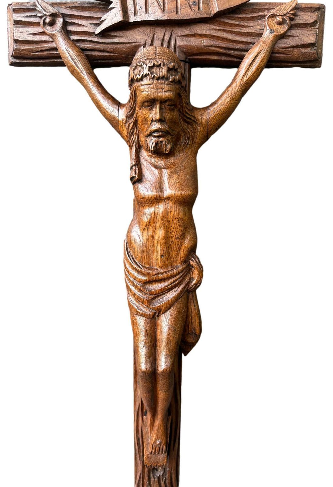 Large Hand Carved Wood Wall Cross   Folk Art   Altar Wooden Crucifix   Wood Jesus Corpus Statue photo furniture