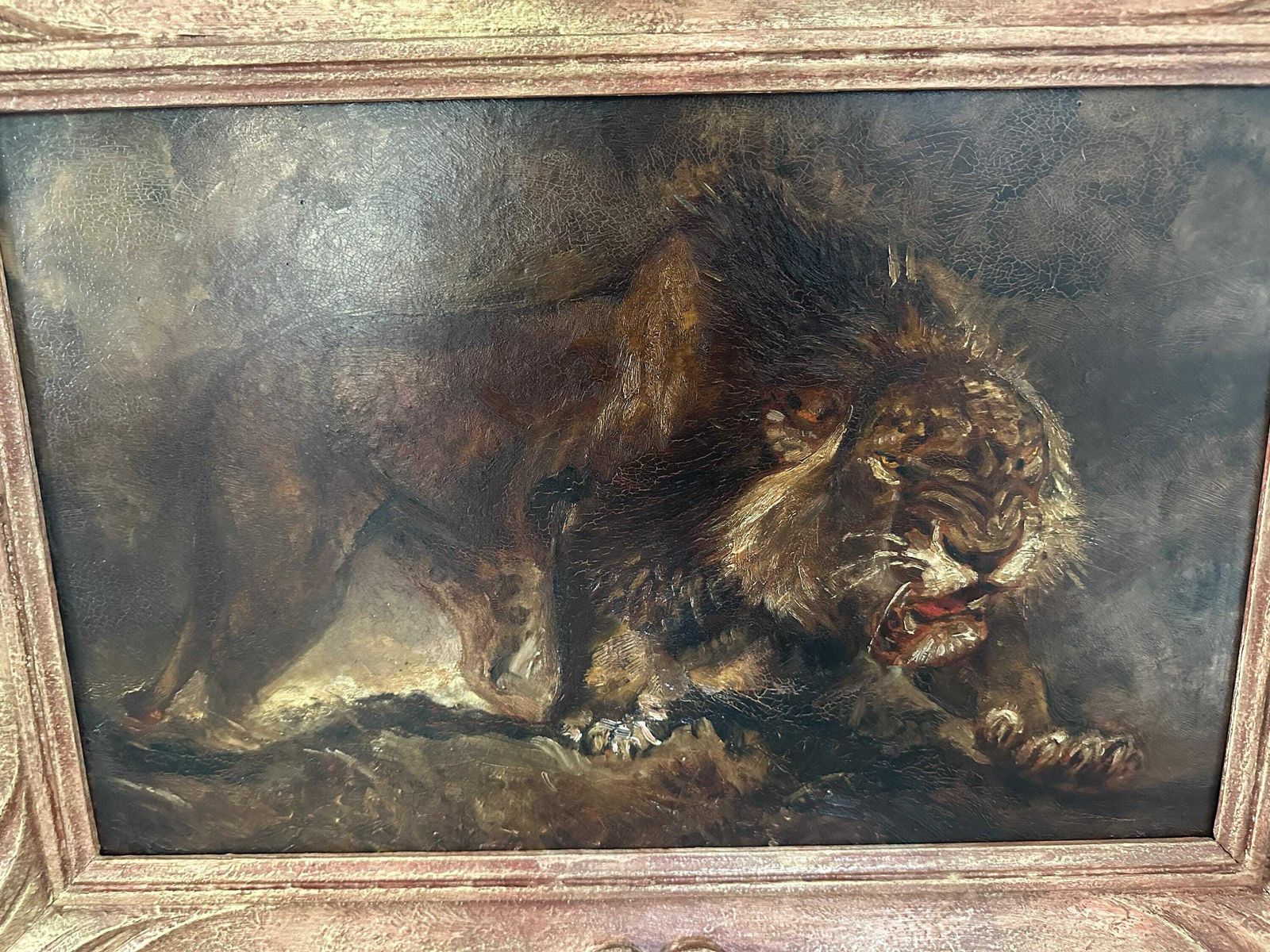 Art Deco Lion Painting Oil On Cardboard Gift For Her/ Him photo for sale
