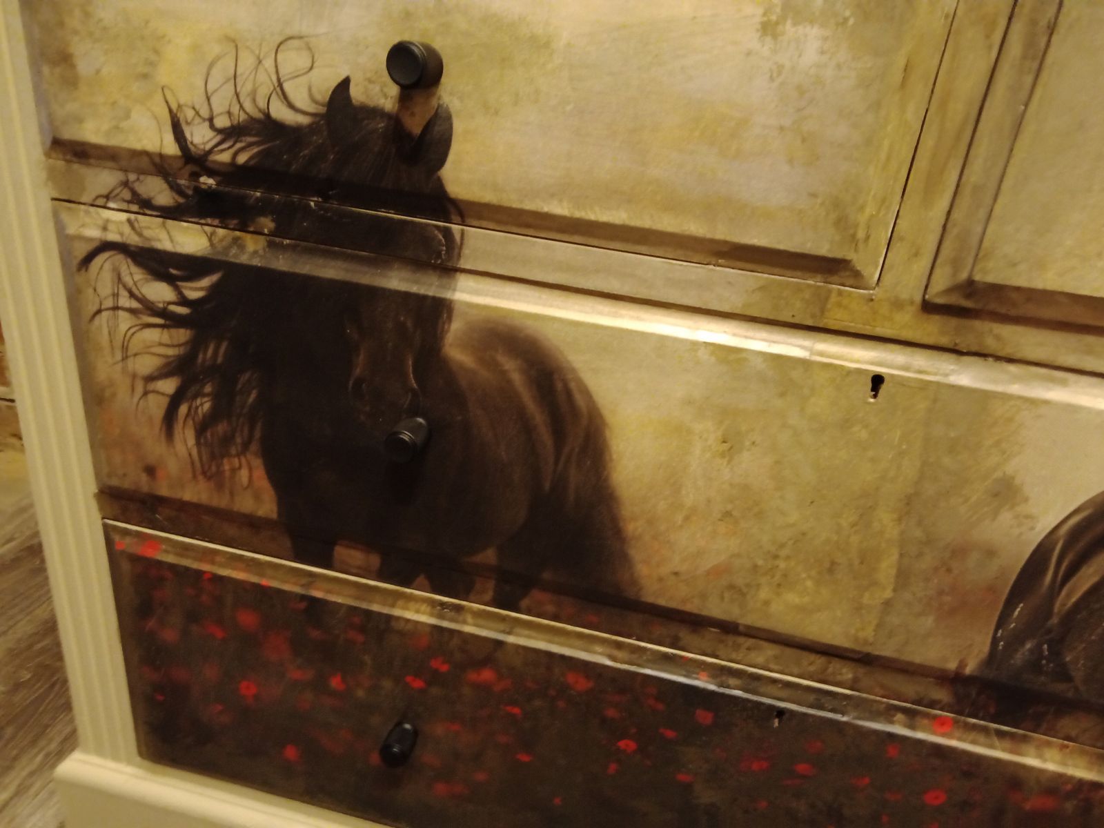 Hand Painted Plus Decoupage Vintage Chest With 2 Beautiful Wild Horses In Poppy Field photo vintage
