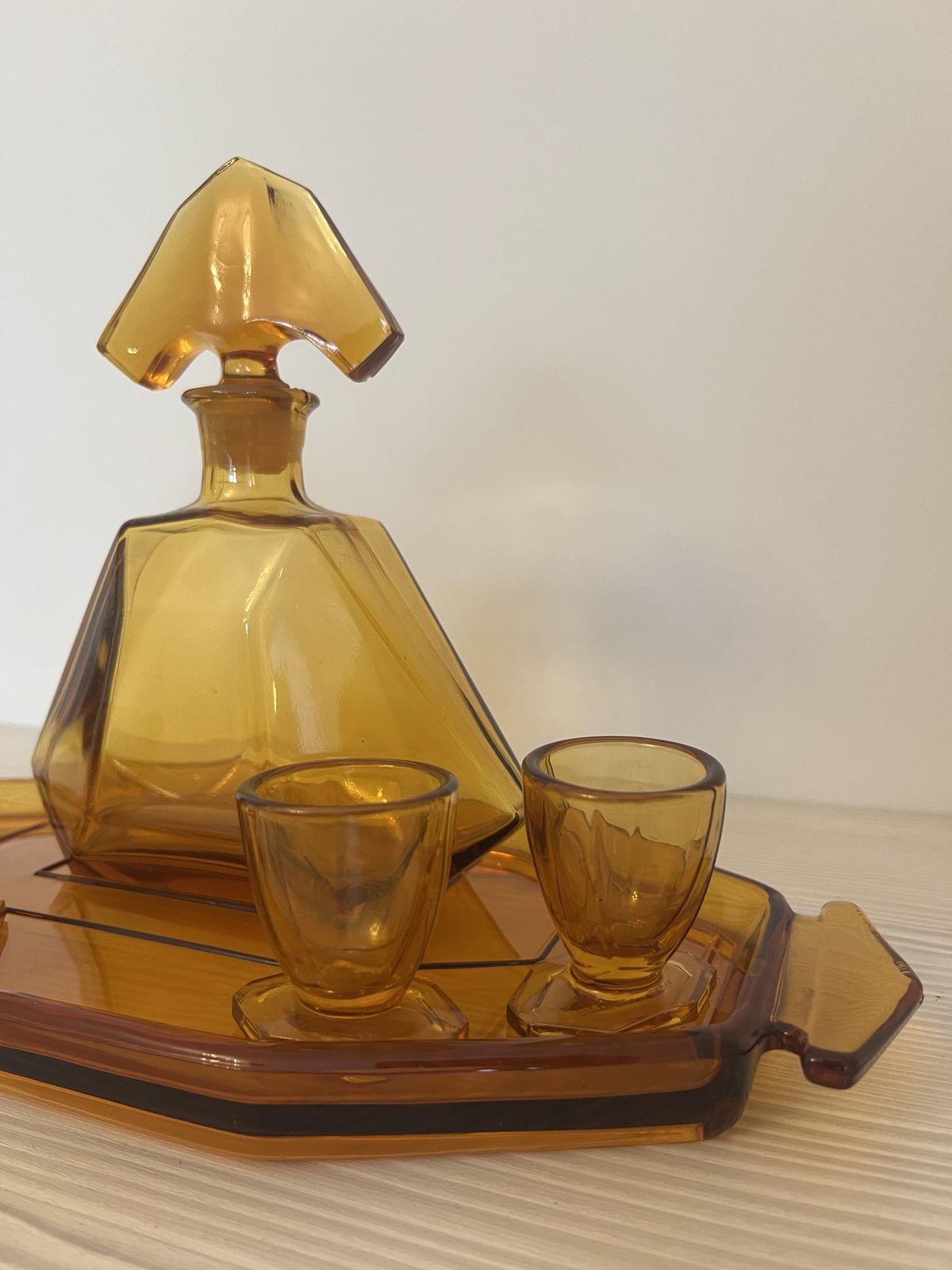 Art Deco Stölzle Liquor Set Czech Amber Glass Decanter With Tray And 4 Shot Glasses photo Home Decor
