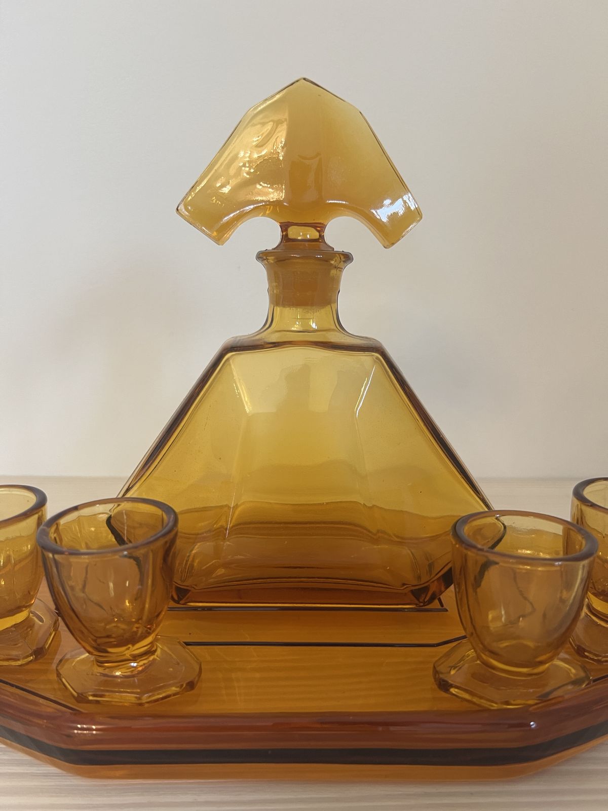 Art Deco Stölzle Liquor Set Czech Amber Glass Decanter With Tray And 4 Shot Glasses photo 80.0