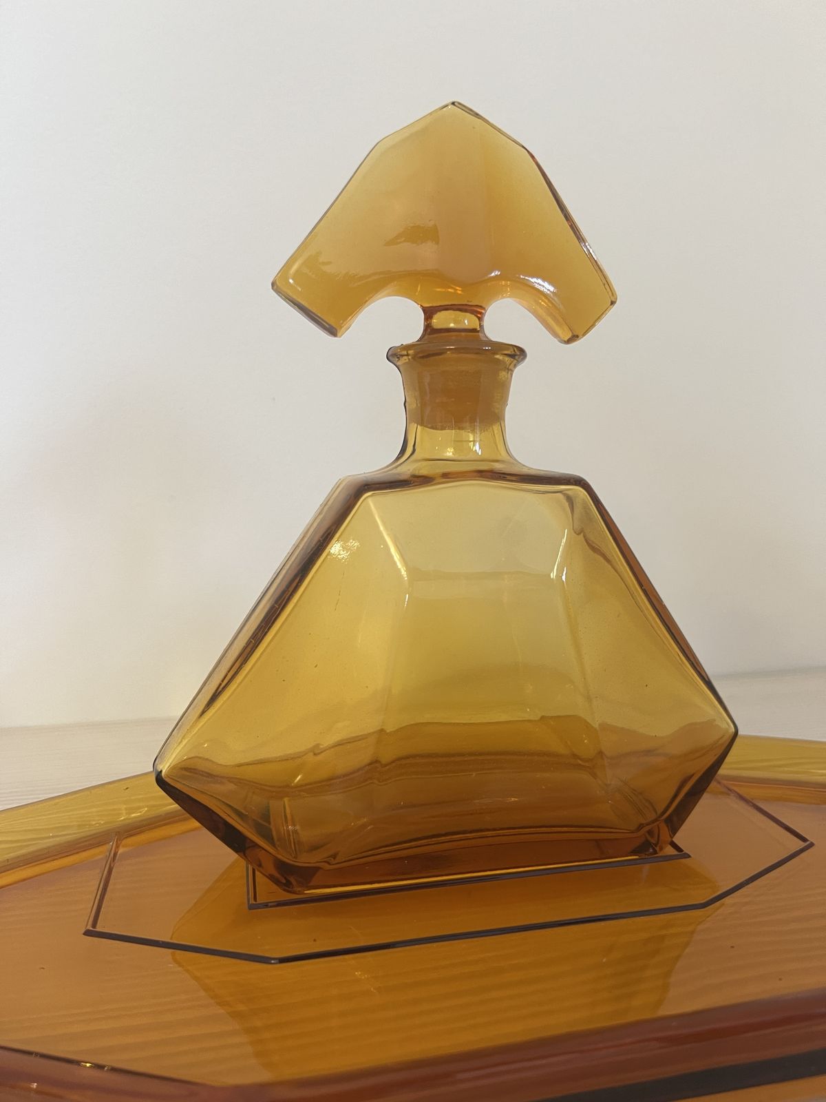 Home Decor Art Deco Stölzle Liquor Set Czech Amber Glass Decanter With Tray And 4 Shot Glasses photo