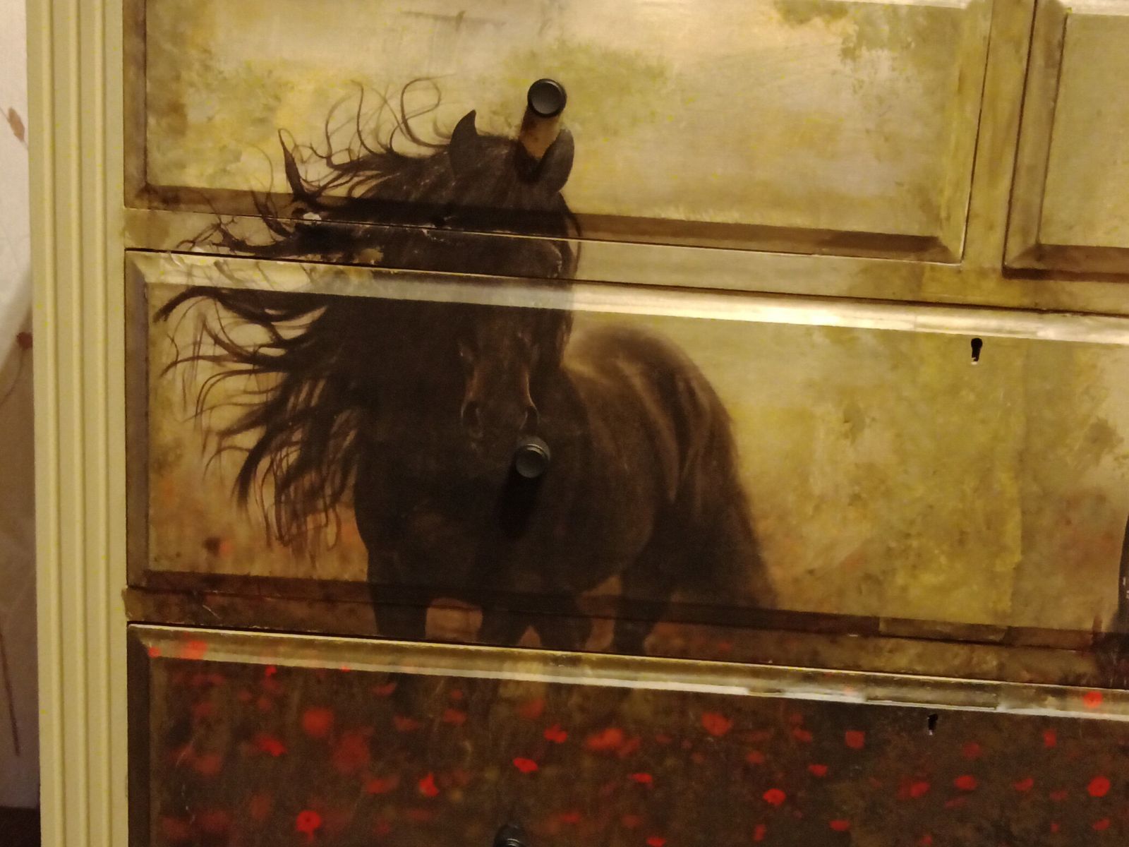 135.0 Hand Painted Plus Decoupage Vintage Chest With 2 Beautiful Wild Horses In Poppy Field photo