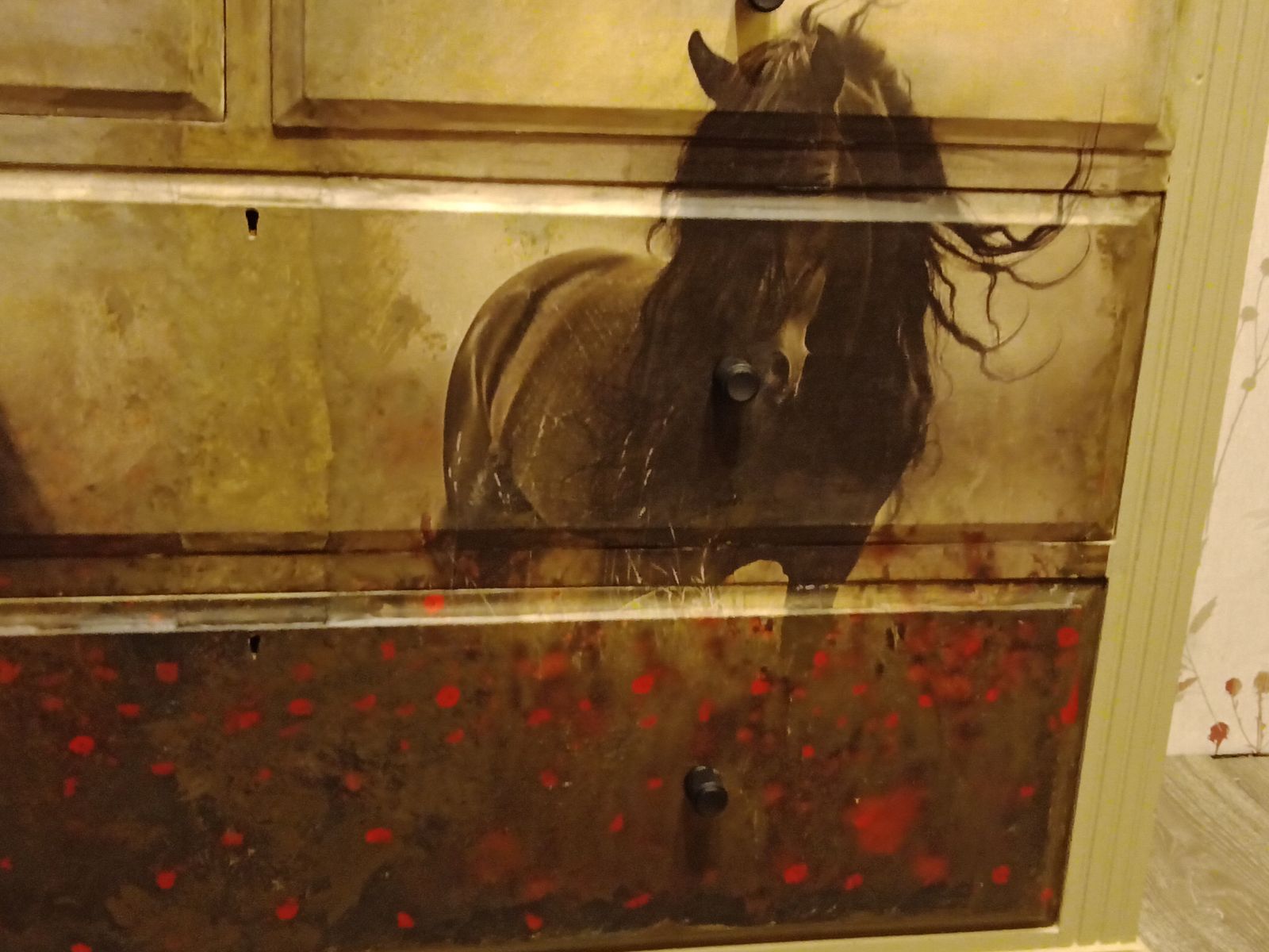 Hand Painted Plus Decoupage Vintage Chest With 2 Beautiful Wild Horses In Poppy Field photo furniture