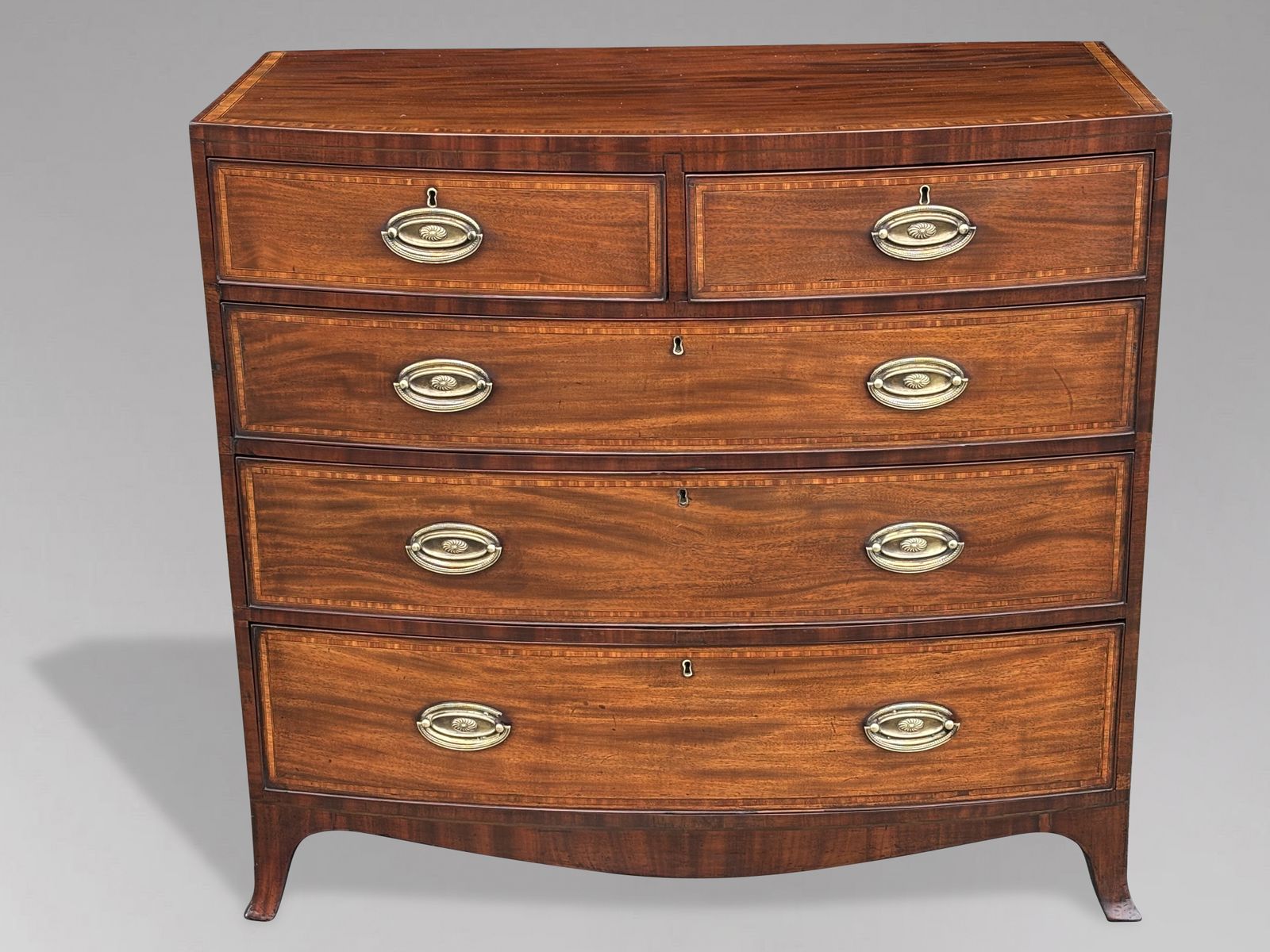 19th Century Bow Front Mahogany Inlay Chest Of Drawers photo furniture