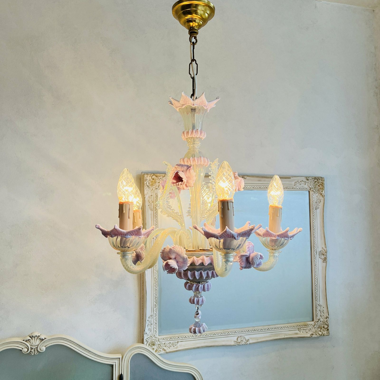 Vintage Pink Murano Chandelier, Murano Venetian Hand Blown Light, Pink Clear Glass Flowers Floral Hand Made Light 1950 Italian photo 2502.0