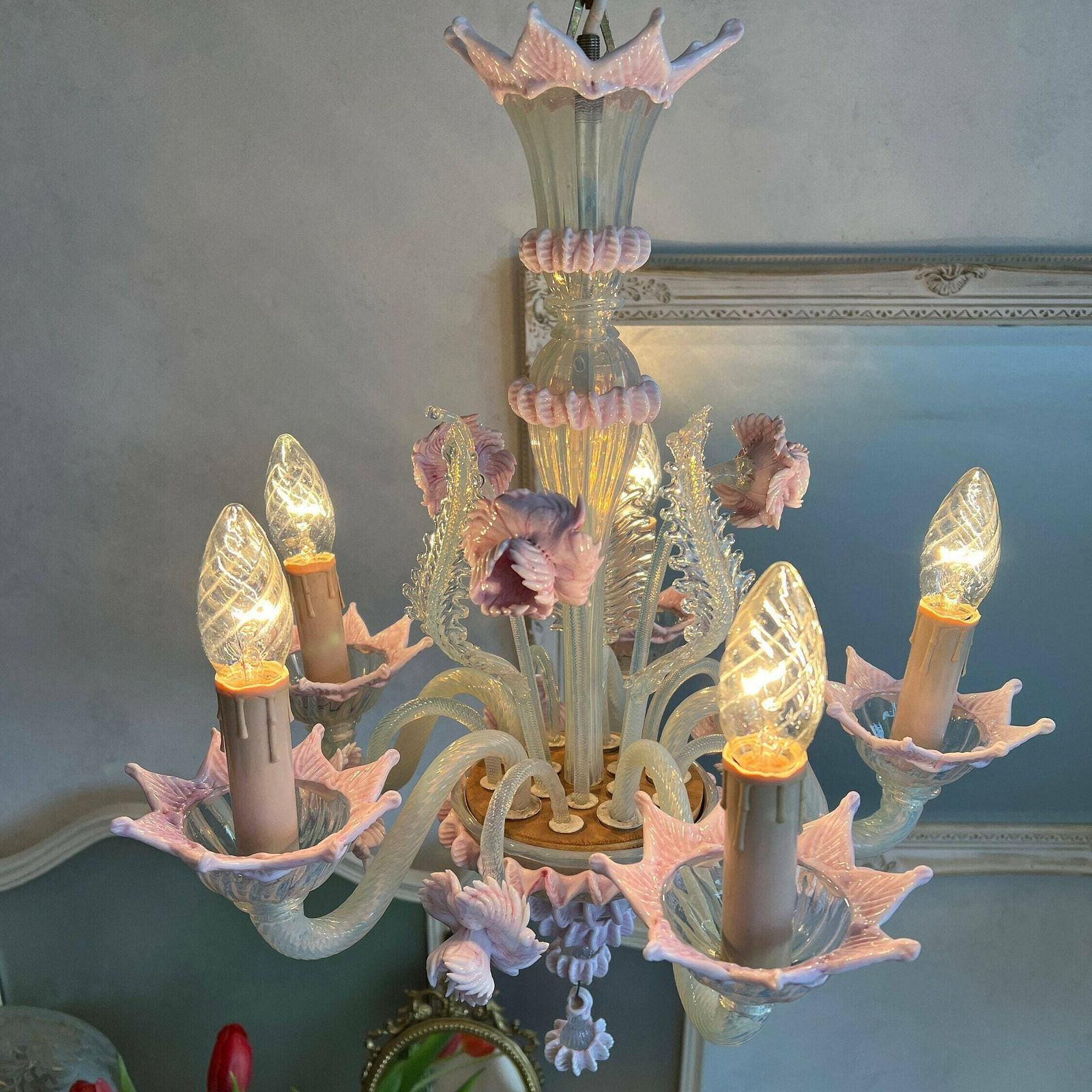 Vintage Pink Murano Chandelier, Murano Venetian Hand Blown Light, Pink Clear Glass Flowers Floral Hand Made Light 1950 Italian photo vinterior
