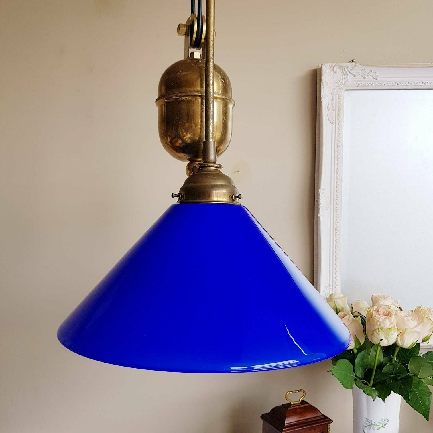 Vintage Blauwe Hanglamp Met Treksysteem, Ca. Jaren 1960 photo furniture