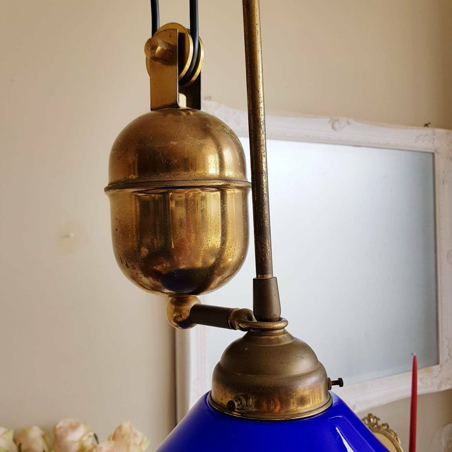 Vintage Blauwe Hanglamp Met Treksysteem, Ca. Jaren 1960 photo Verlichting