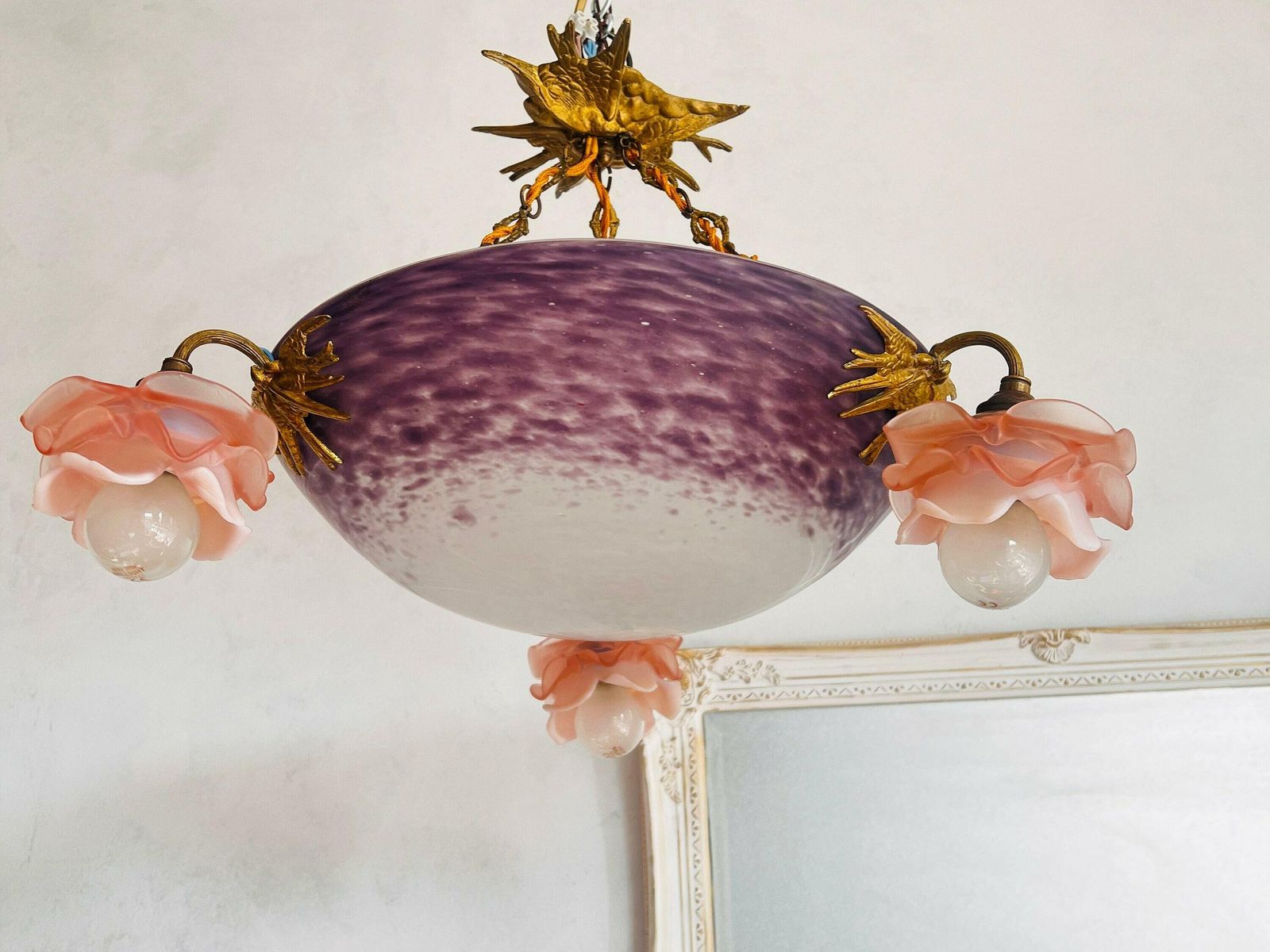 Antieke Paarse Franse Hanglamp Met 4 Lichtpunten – Vintage Verlichting photo 1875.0
