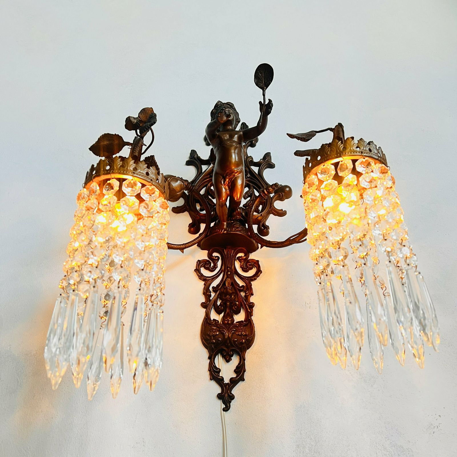 Unique French Cherub/Putti Wall Sconce 2 Arms, Crystals Lampshade, Pendant Light, Home Lighting, Hanging Lamp, Interior Design