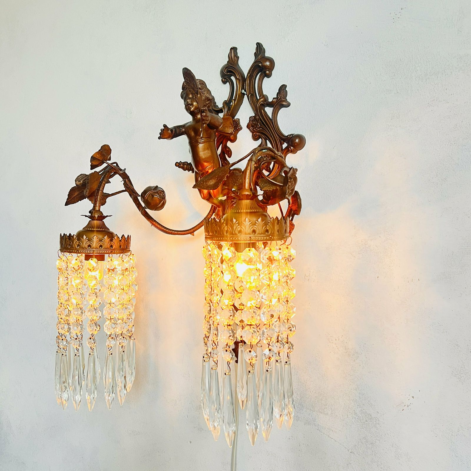 Unique French Cherub/Putti Wall Sconce 2 Arms, Crystals Lampshade, Pendant Light, Home Lighting, Hanging Lamp, Interior Design photo for sale