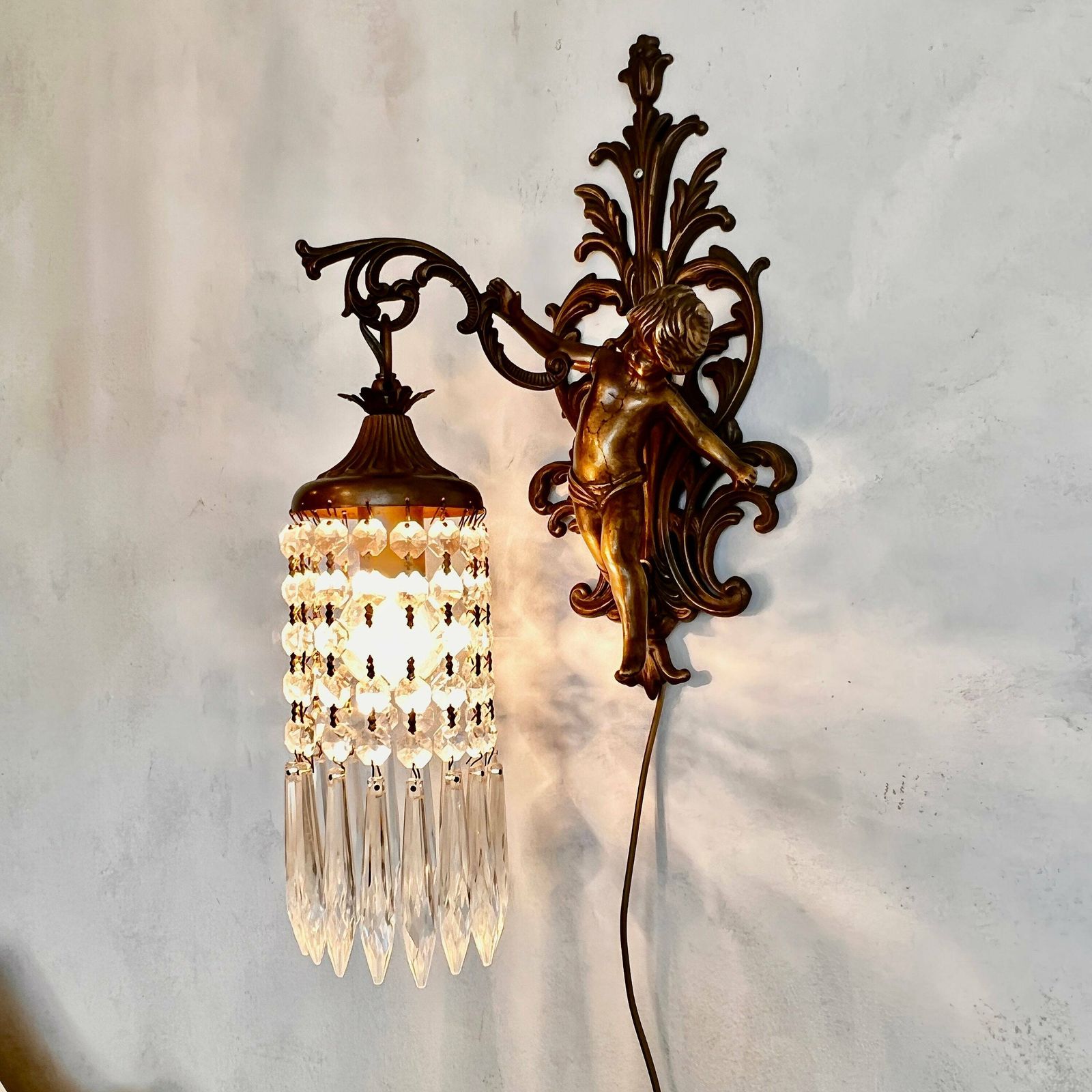 Unique French Cherub/Putti/Angel Wall Sconce, Crystals Lampshade, Home Lighting, Interior Design