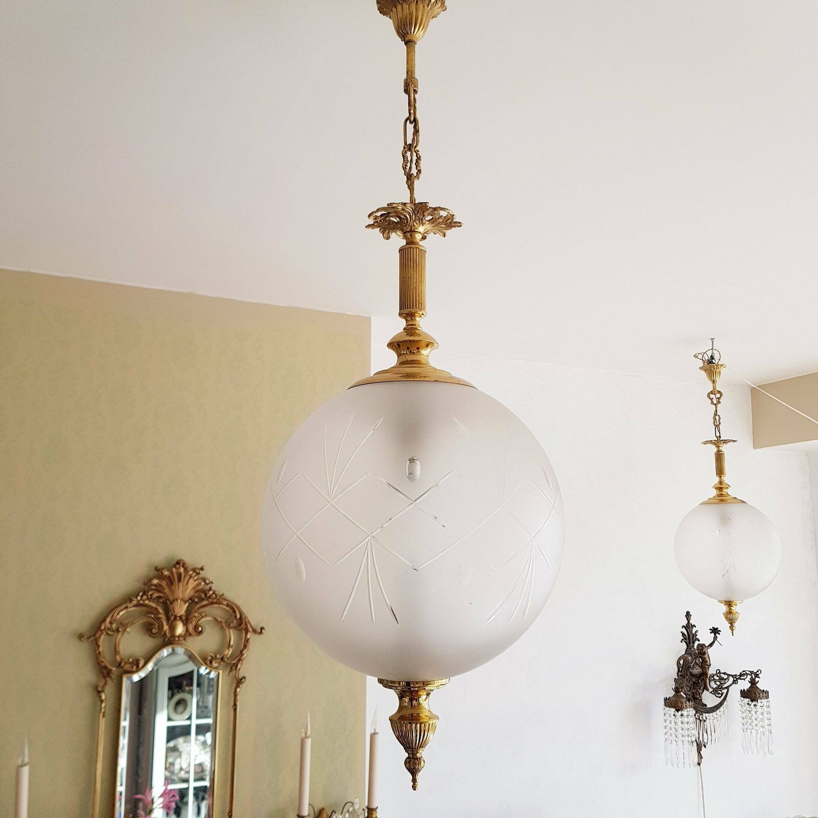Pair Of Spheres Art Nouveau Frosted Glass Ceiling Lights Lamps, Lantern Style Hanging Lamps photo furniture