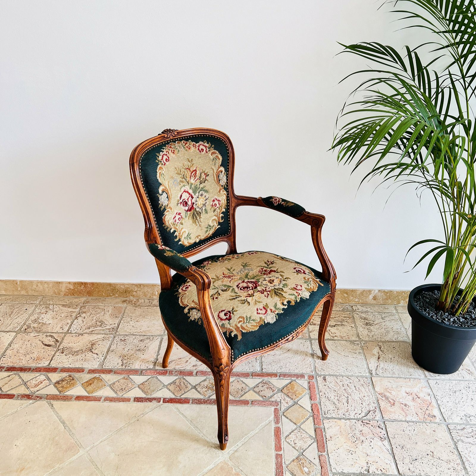 Vintage French Tapestry Armchair With Roses photo furniture