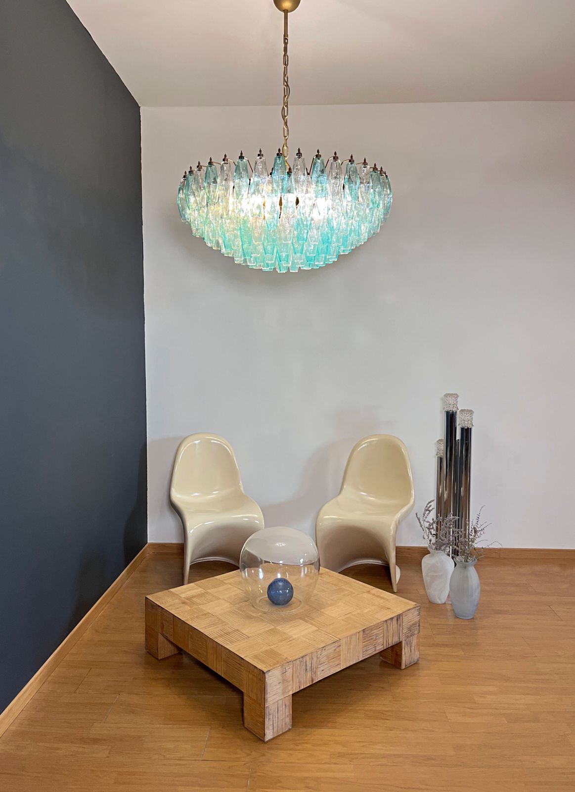 Turquoise & Clear Poliedri Murano Glass Chandelier photo buy