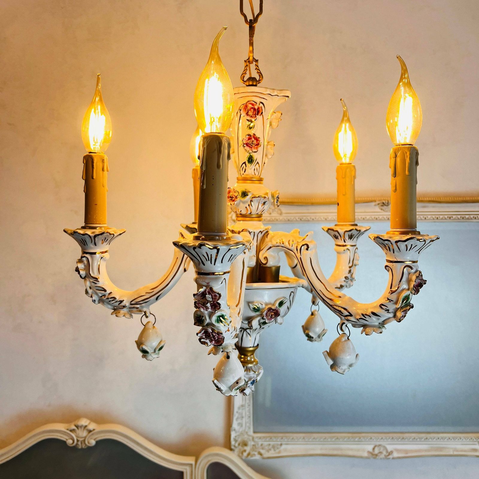 Porseleinen Kroonluchter, Vintage Verlichting, Capodimonte Stijl.