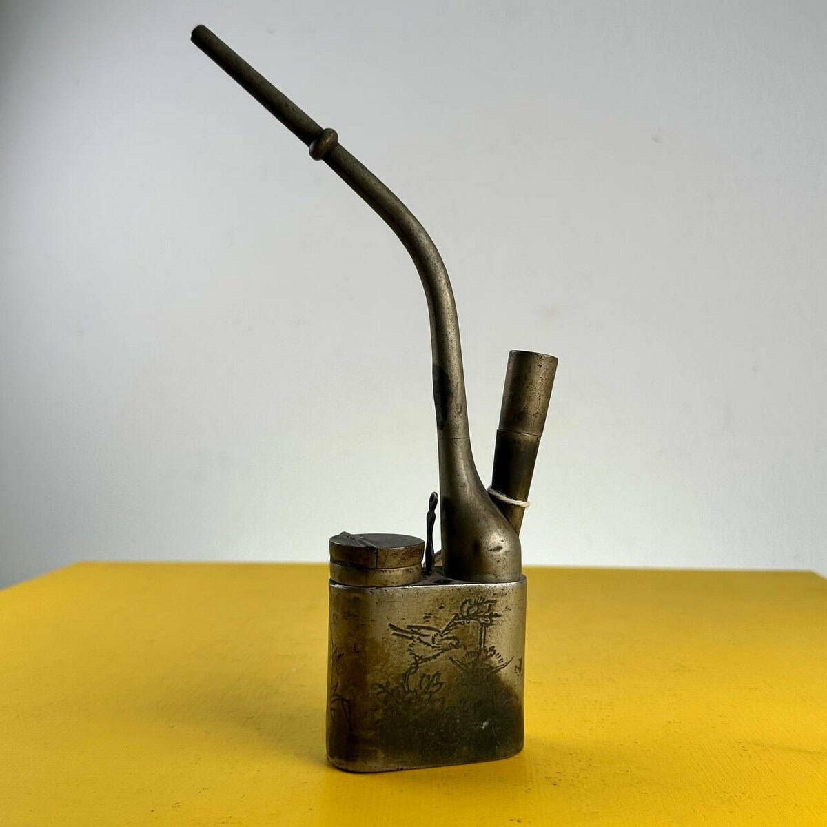 Antique Oriental Opium Pipe In Metal With Engraved Decoration photo furniture