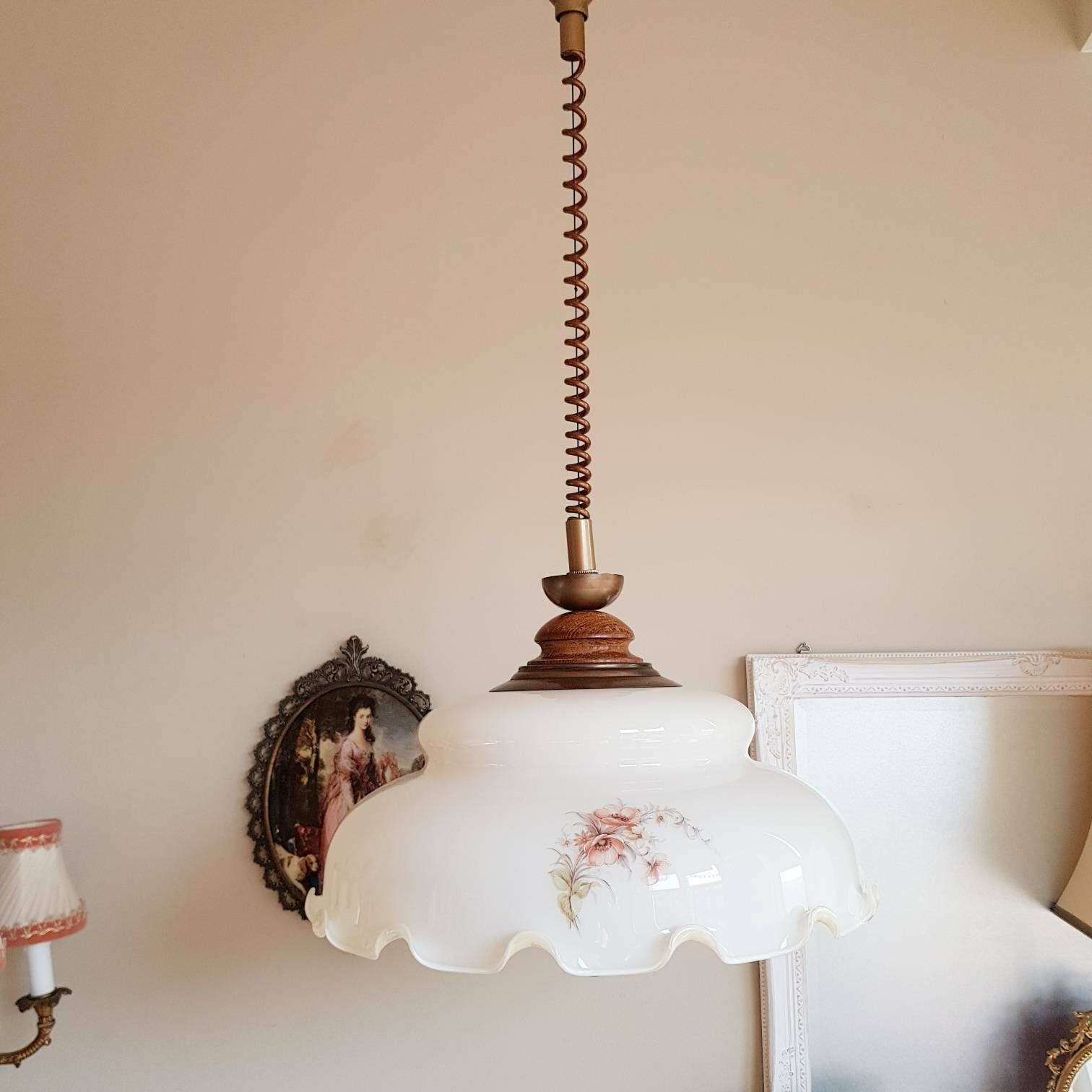 Big Pendant Light Lamp, Opaline Glass And Wood Handle, Hard To Find Lull Down Lamp photo vinterior