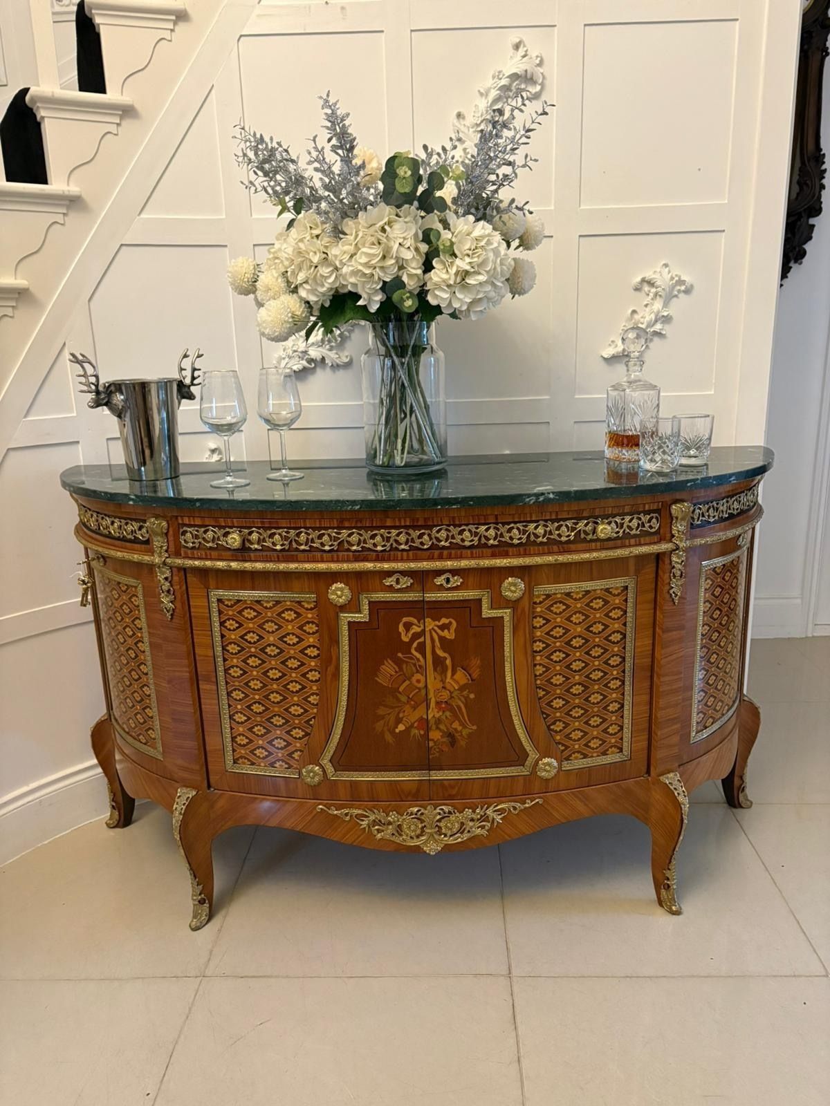 Fine Quality Antique French Kingwood Marquetry And Parquetry Inlaid Marble Top Sideboard photo Furniture