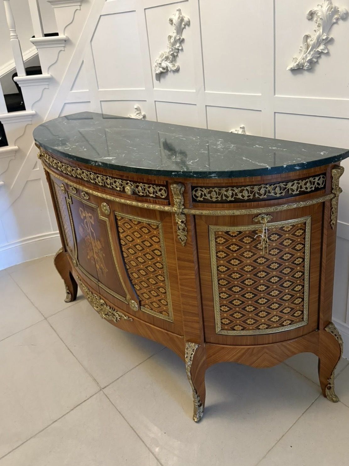 Furniture Fine Quality Antique French Kingwood Marquetry And Parquetry Inlaid Marble Top Sideboard photo