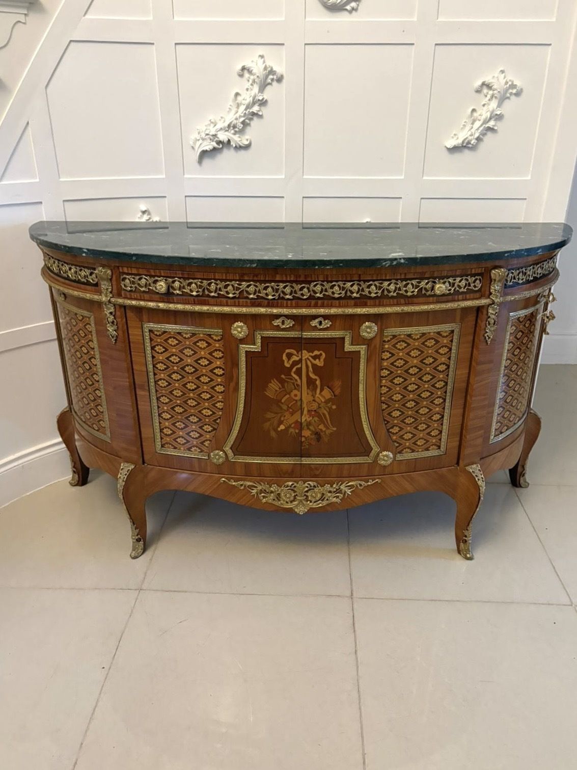 Fine Quality Antique French Kingwood Marquetry And Parquetry Inlaid Marble Top Sideboard