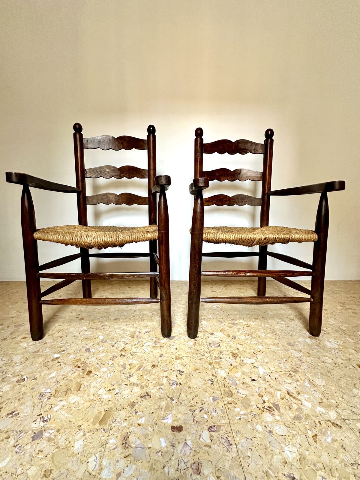 Pair Of Early C20th Rustic Provençal Rush Seat Armchairs photo furniture
