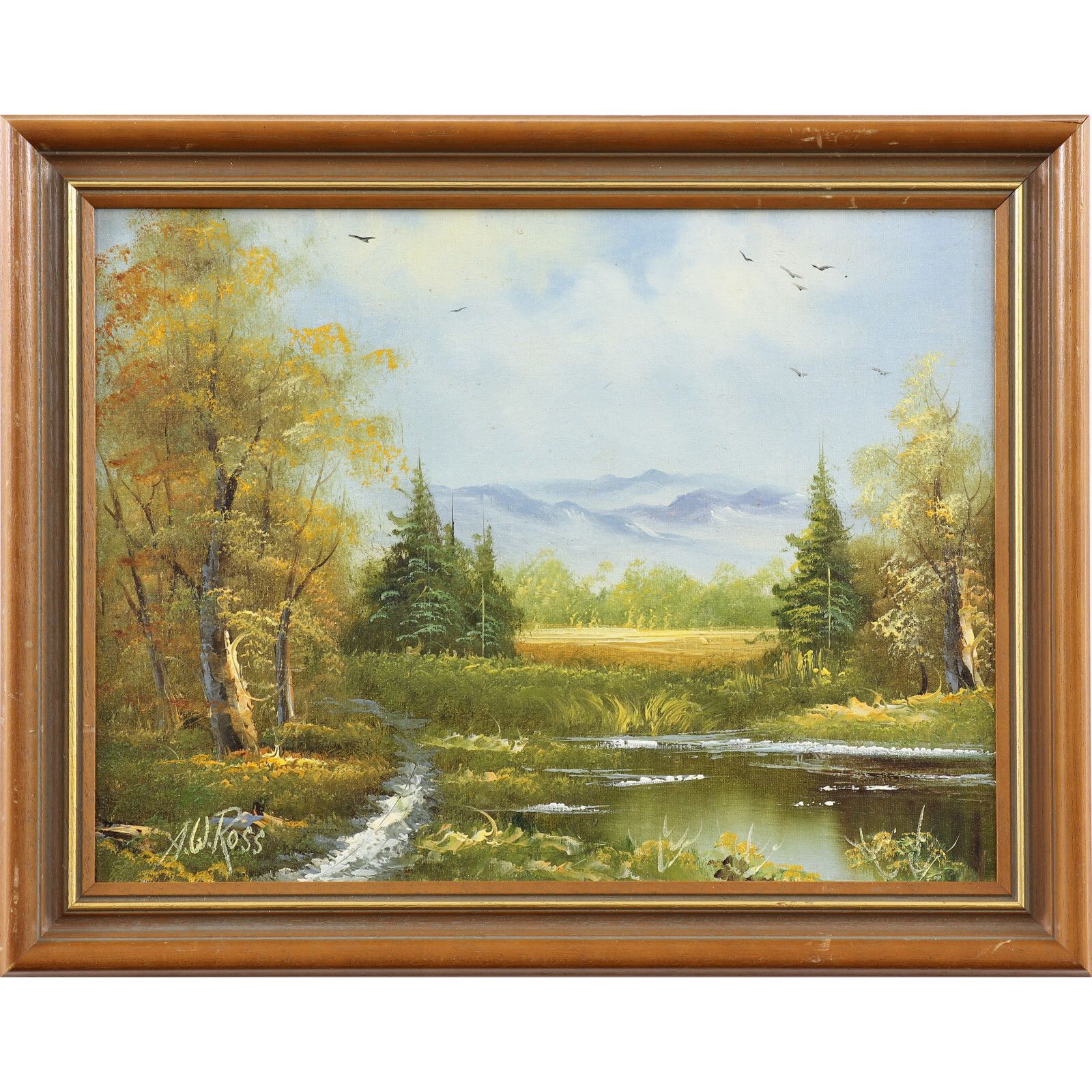 Acrylic On Canvas Board By Alan William Ross. Subject Is Mountain Lake.