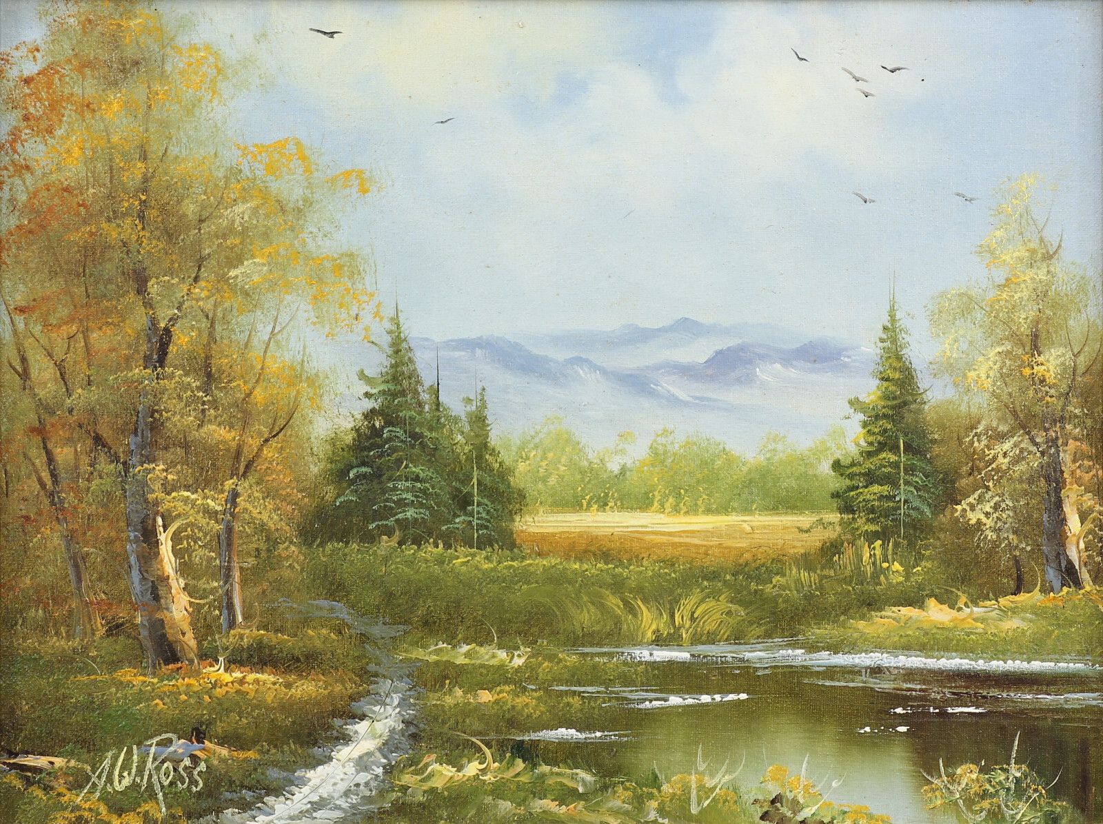 Acrylic On Canvas Board By Alan William Ross. Subject Is Mountain Lake. photo furniture
