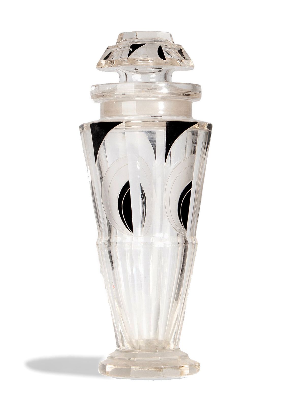 1920s Art Déco French Cylindrical Crystal And Black Enamel Decanter With Stopper photo for sale