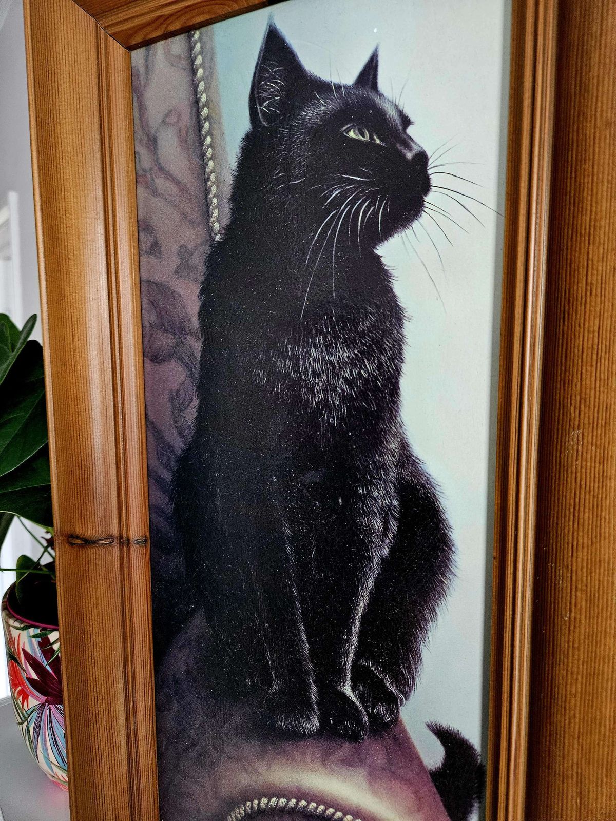 Large Painting Of A Handsome Black Cat In Pine Frame photo furniture