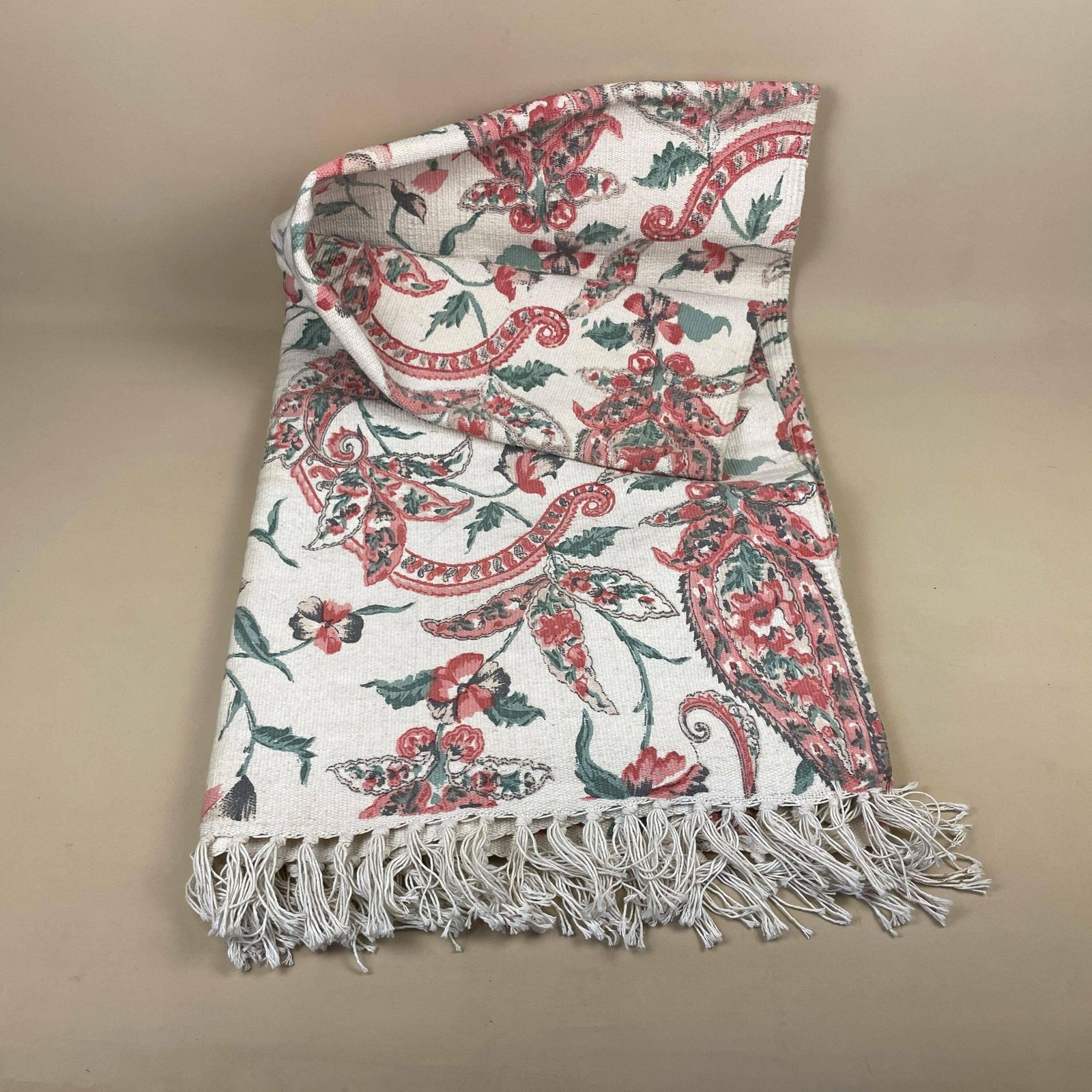 Vintage Fabric Throw Blanket Paisley Patterntassel Hand Printed Pink Antique Patterned Pattern Tassels Sofa Woven Cottage