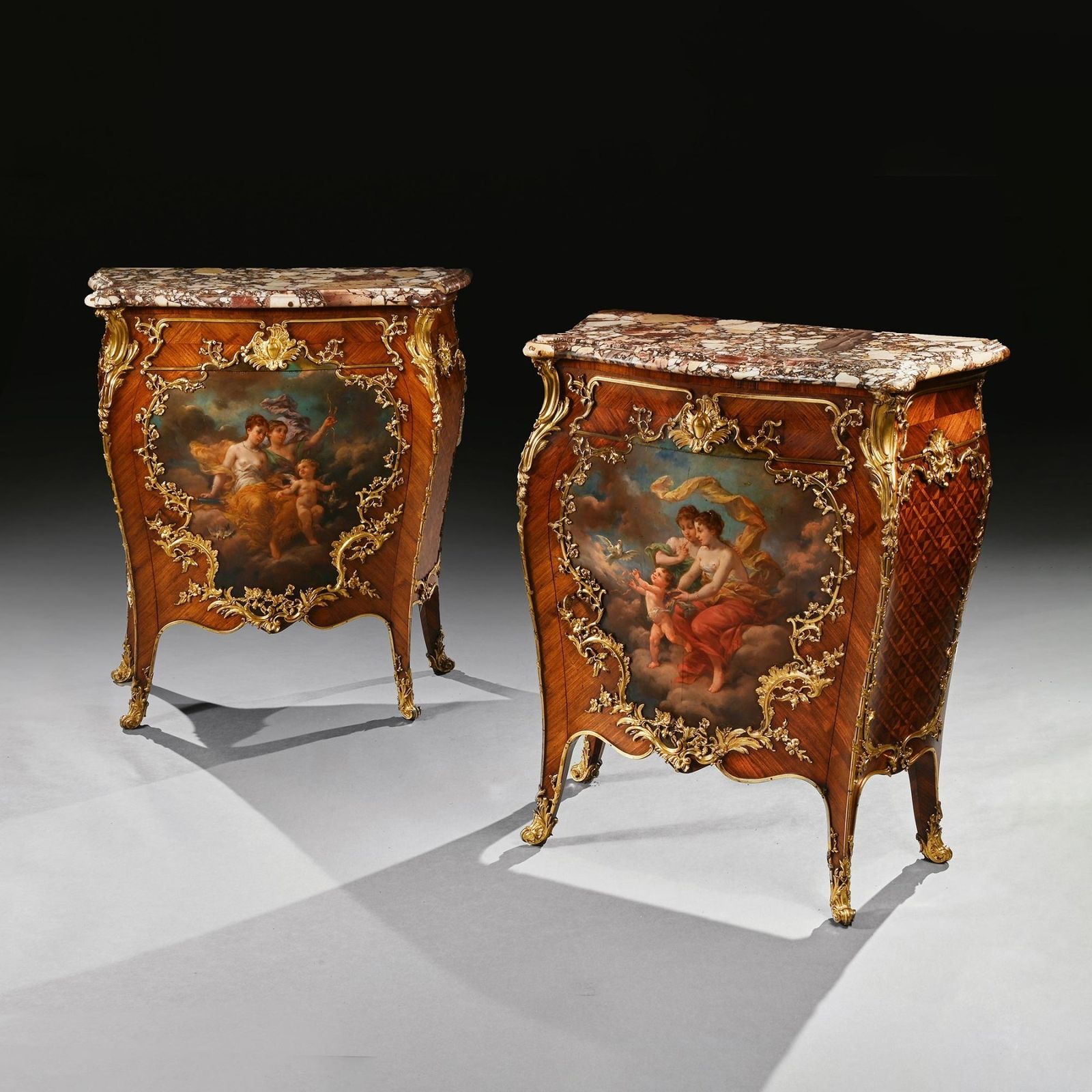 Pair Of Gilt Bronze Mounted 19th Century French Kingwood And Vernis Martin Petit Commodes photo for sale