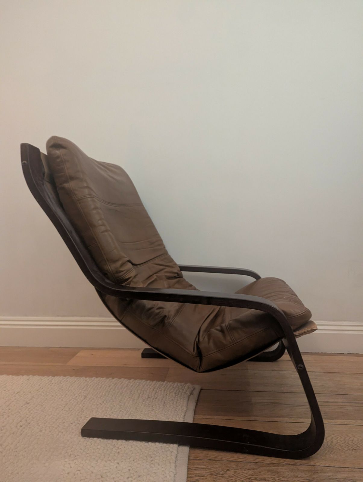Pair Of Bentwood And Brown Leather Cantilever Chairs, Noboru Nakamura, Circa 1970