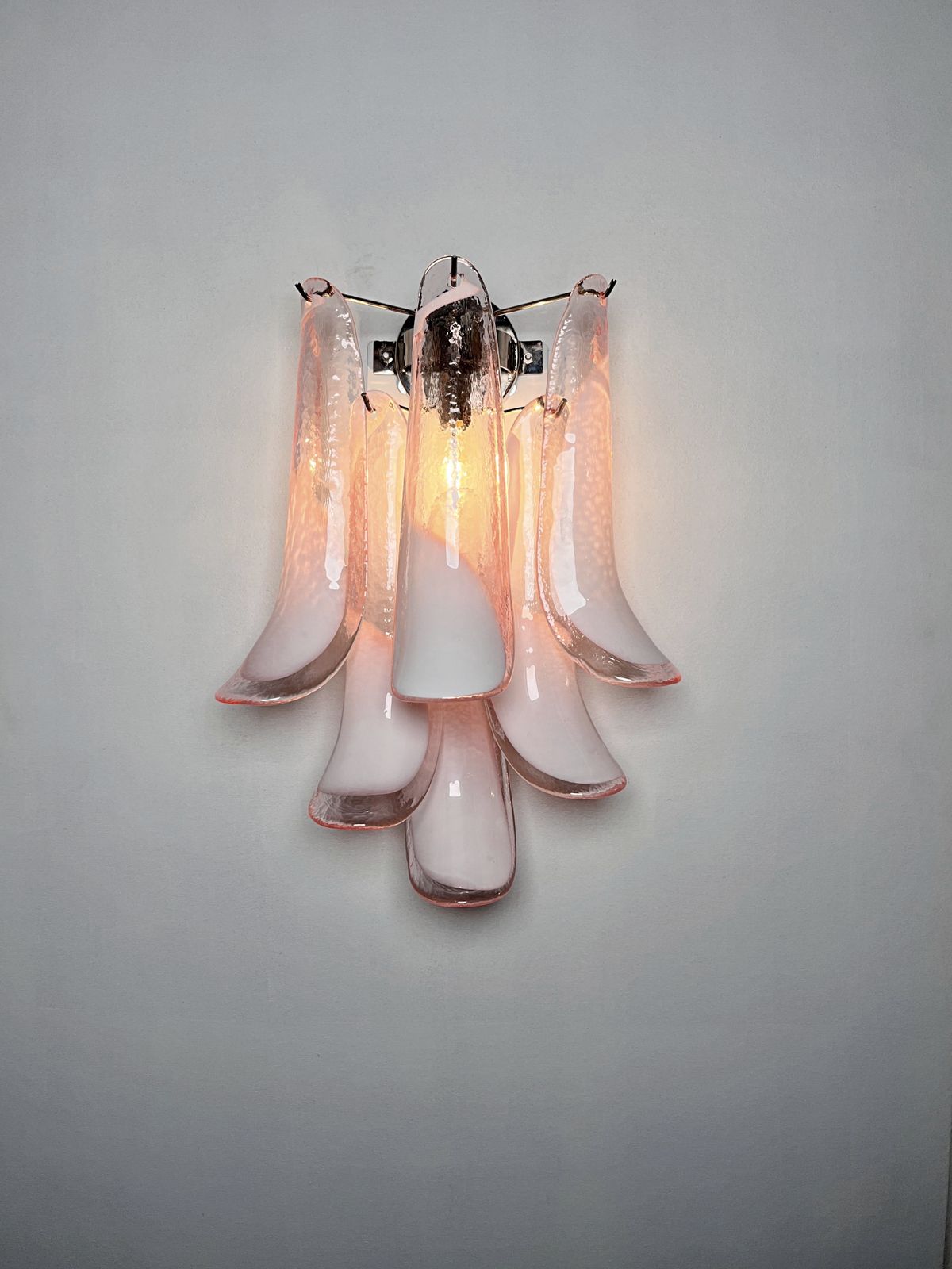 Pair Of Vintage Italian Murano Wall Lights In The Manner Of Mazzega   Pink Lattimo Glass Petals photo vinterior