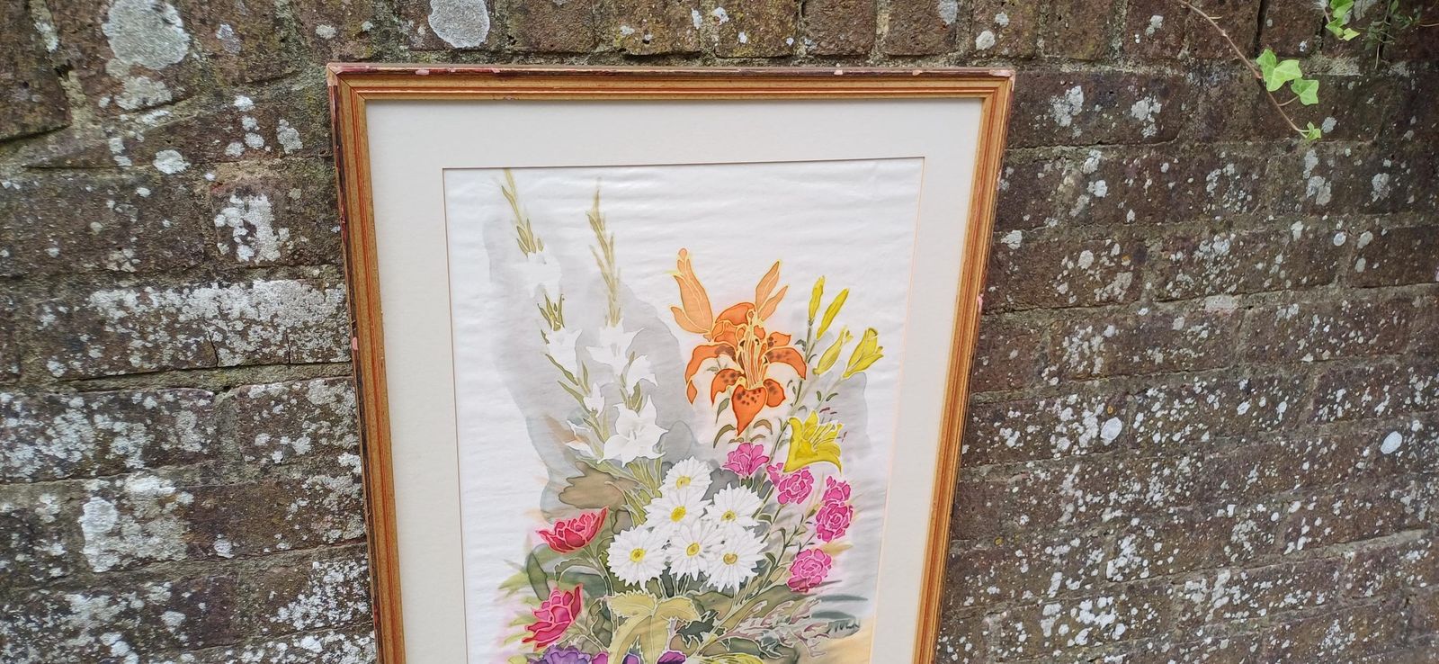Stunning Silk Painting   Framed Still Life On Silk   Vintage Art   76cm X 50cm photo for sale