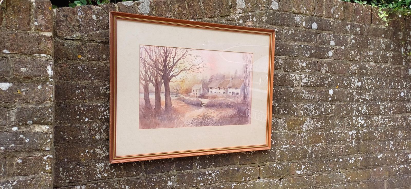 Autumn Colours Original Vintage Watercolour Of Country Scene And Cottages, Glazed Vintage Frame, Large   75cm X 58cm photo vintage