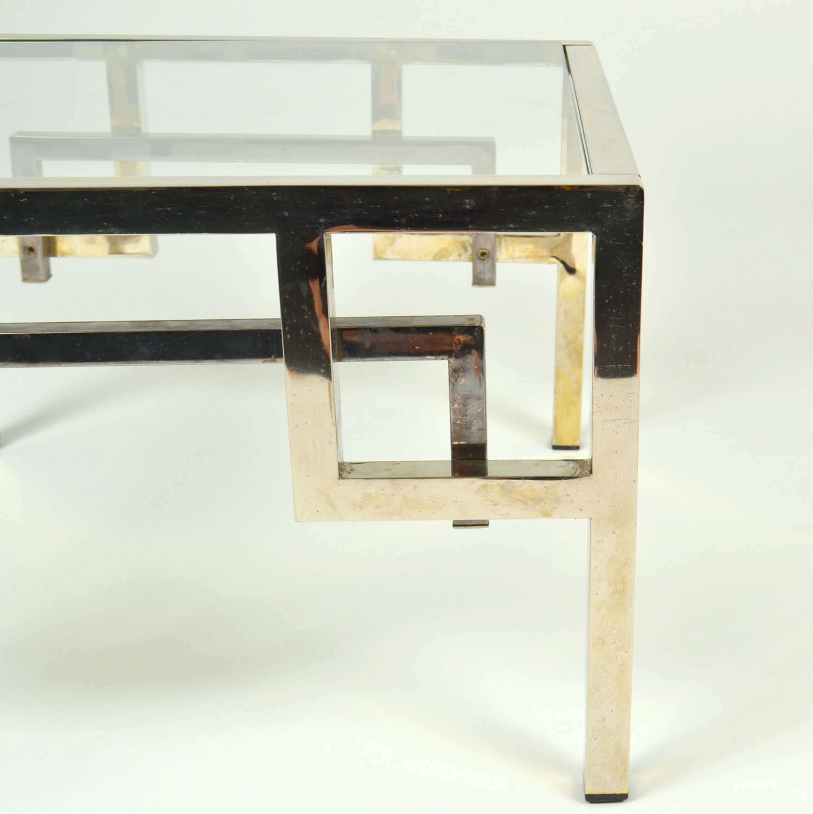 Pair Chrome & Brass Belgo Chrome Side Tables Glass Top 1970's photo 1550.0