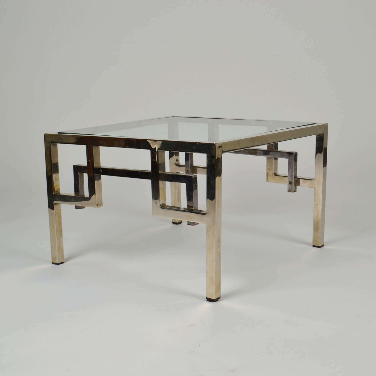 photo furniture Pair Chrome & Brass Belgo Chrome Side Tables Glass Top 1970's