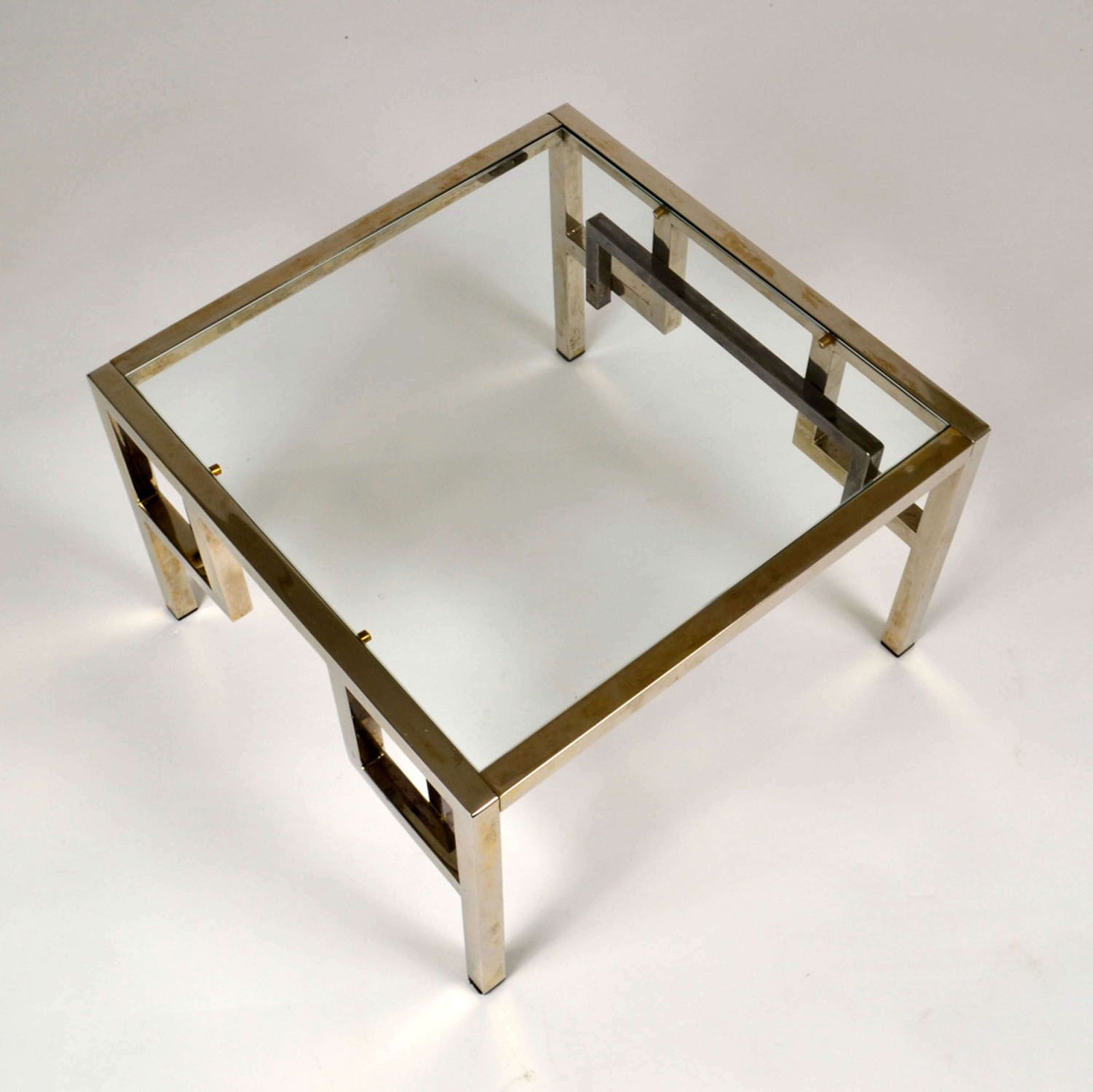 1550.0 Pair Chrome & Brass Belgo Chrome Side Tables Glass Top 1970's photo