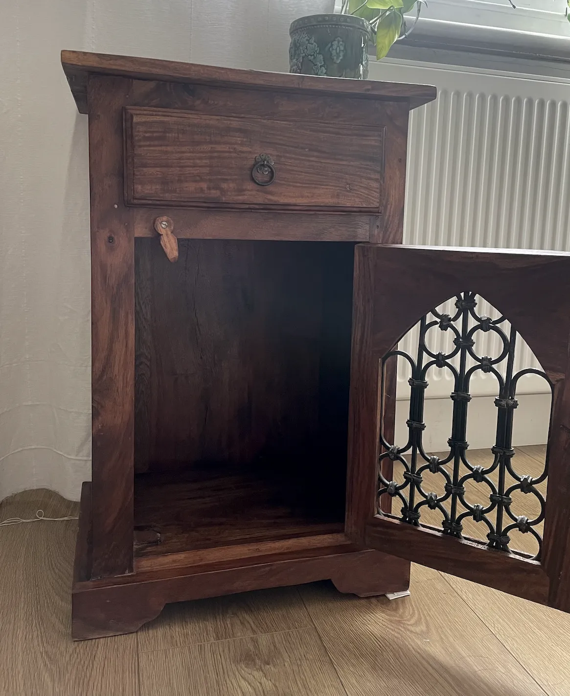 Antique Church Style Wooden Metal Detail Small Bedside Cabinet