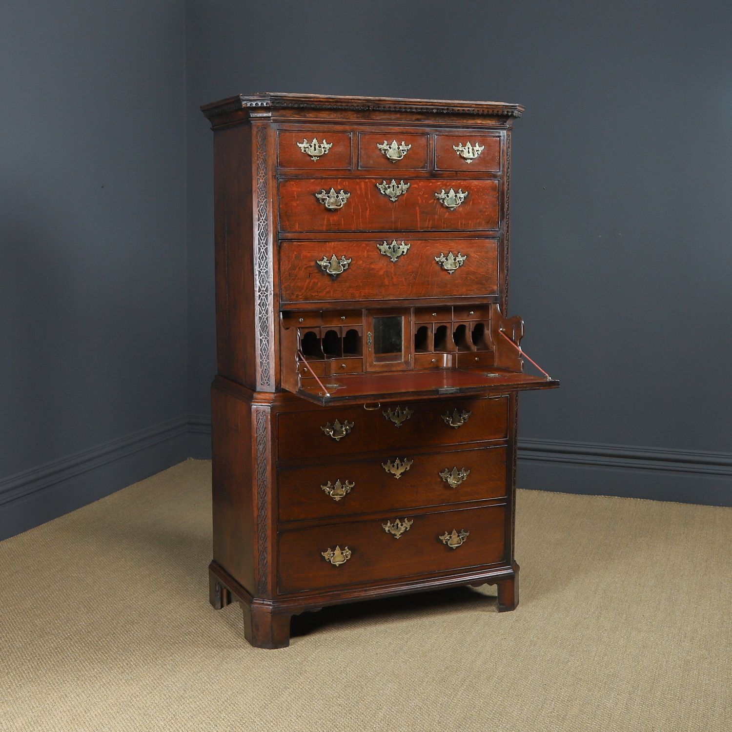 Irish Georgian Chippendale Oak Chest On Chest Of Drawers Tallboy Highboy Secretaire Writing Desk (Circa 1780)