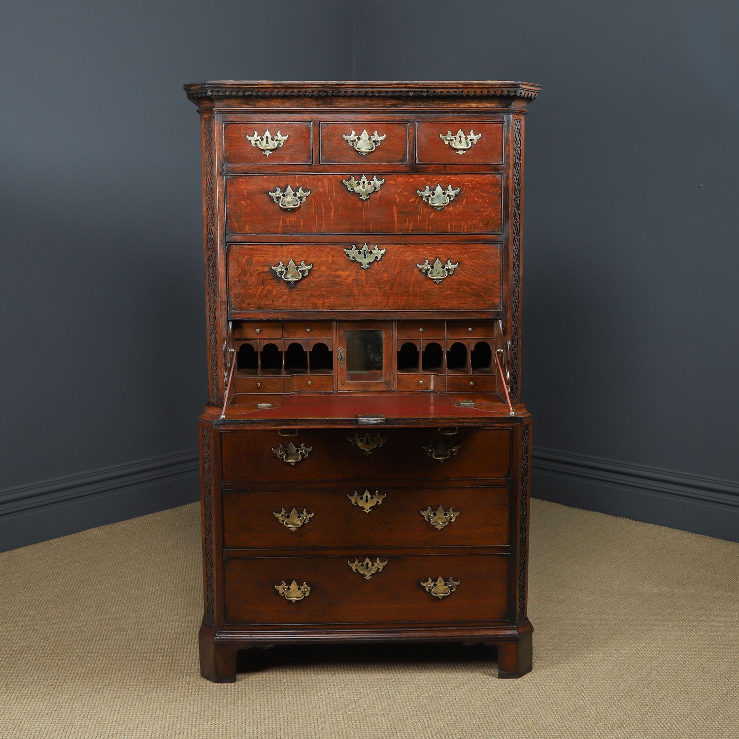 Irish Georgian Chippendale Oak Chest On Chest Of Drawers Tallboy Highboy Secretaire Writing Desk (Circa 1780) photo vinterior